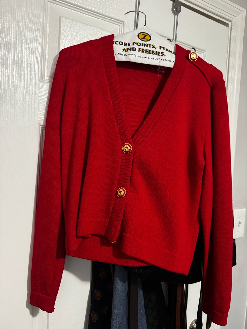 St. John Red V-Neck Button Cardigan with Gold Buttons